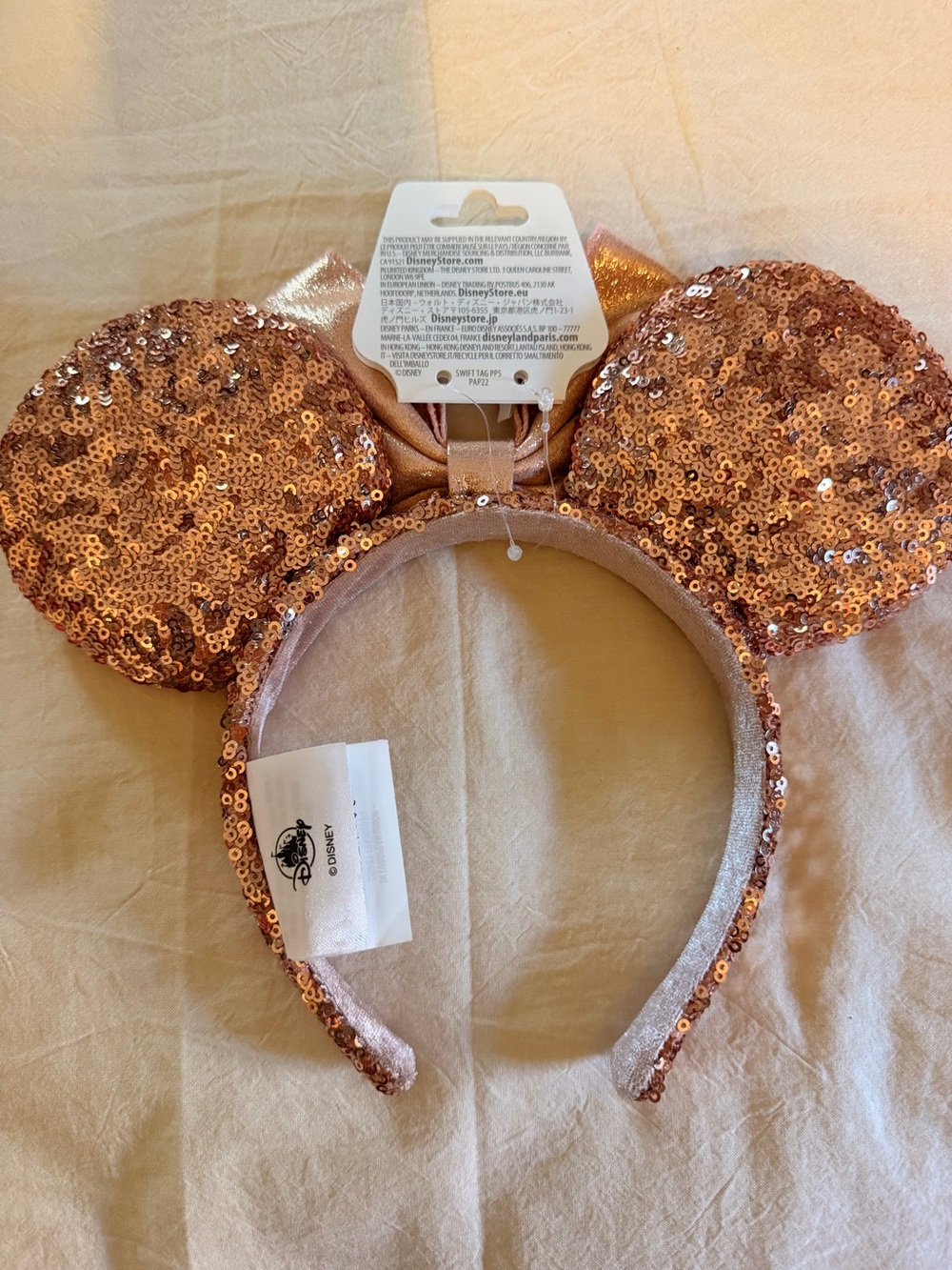 Disney Rose Gold Sequin Minnie Ears Headband with Satin Bow - Picture 2 of 2